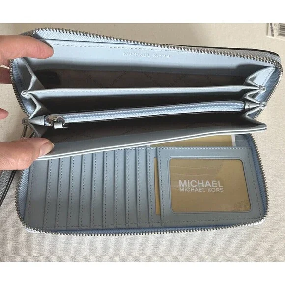 New Michael Kors Jet Set Large Travel Continental Wallet Leather Pale Ocean - Picture 5 of 5